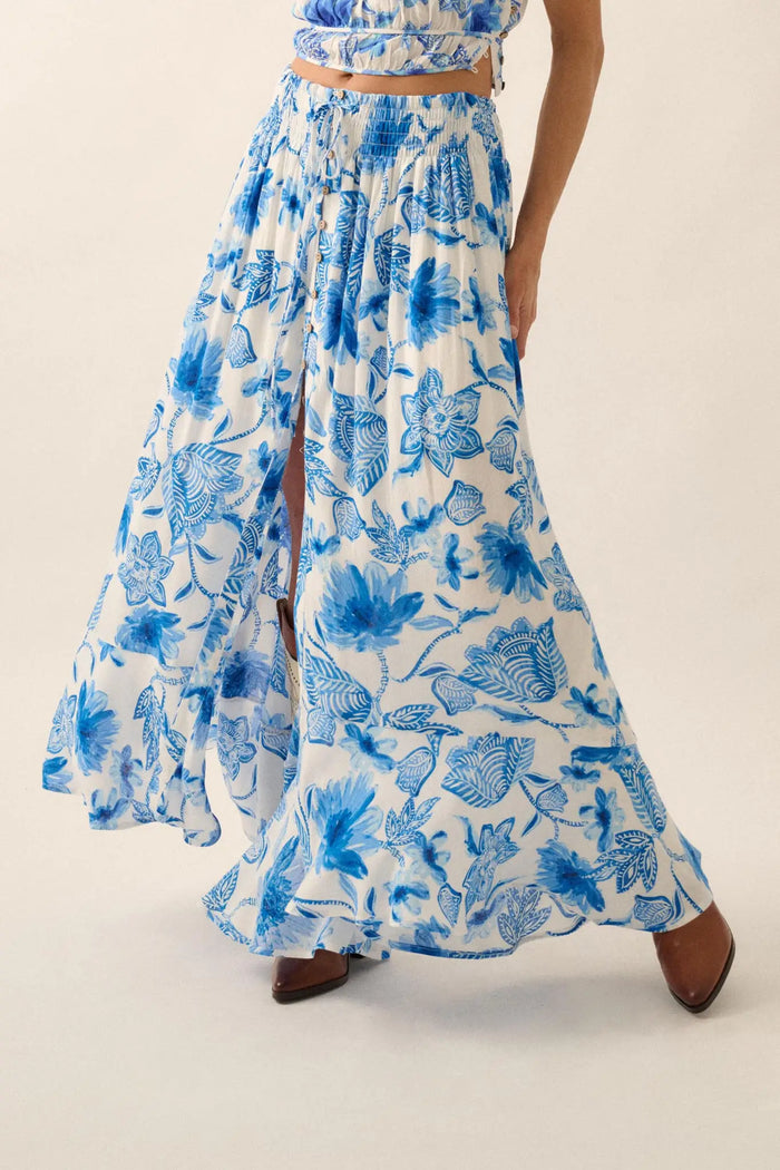 Blossoming Blues Floral Button-Front Maxi Skirt - ShopPromesa