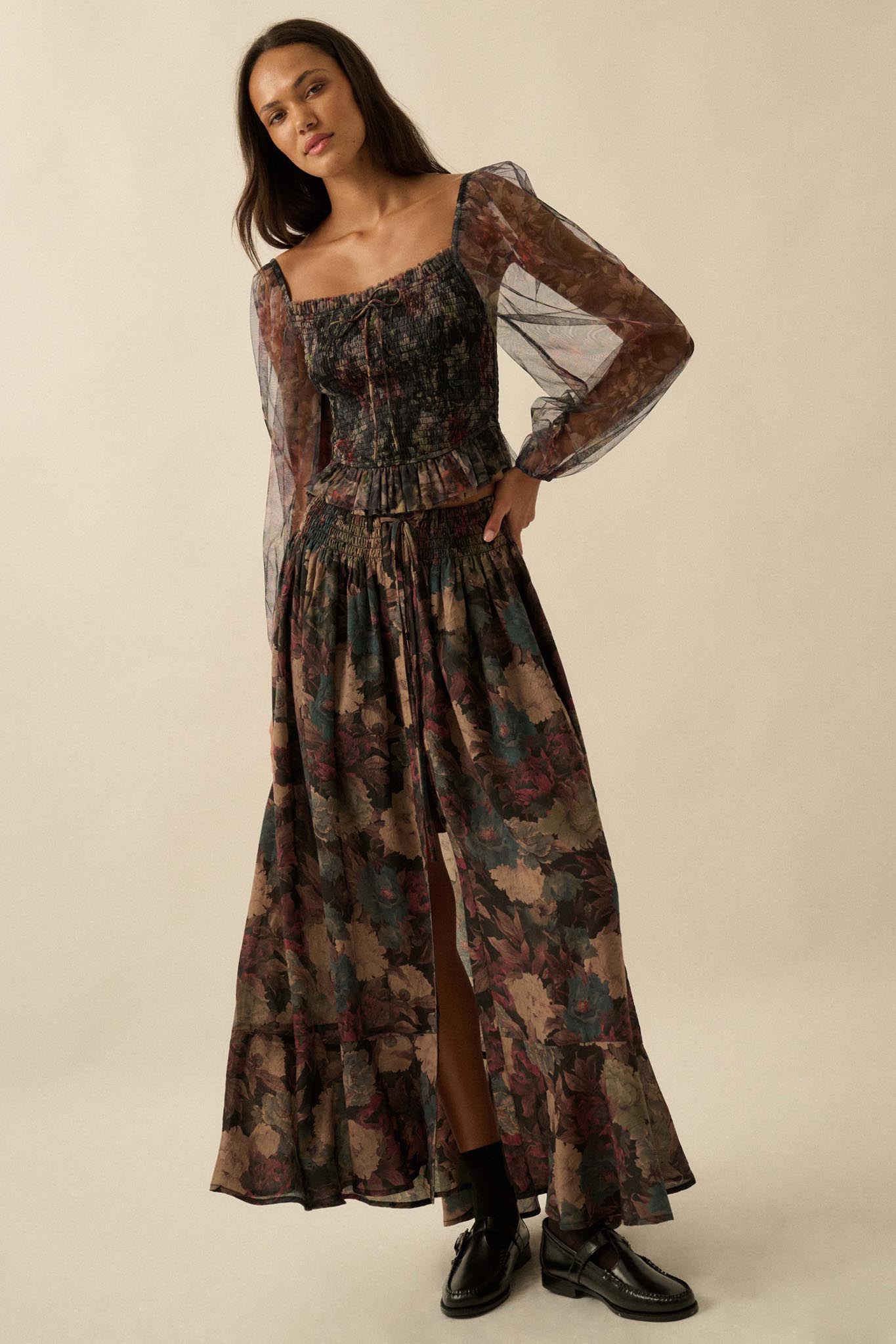 Pretty Potpourri Floral Button-Front Maxi Skirt - ShopPromesa