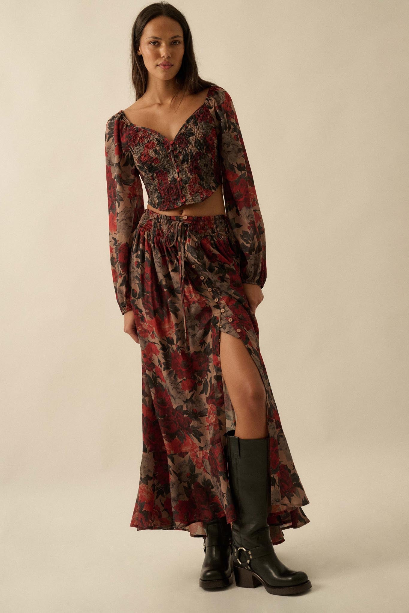 Pretty Potpourri Floral Button-Front Maxi Skirt - ShopPromesa