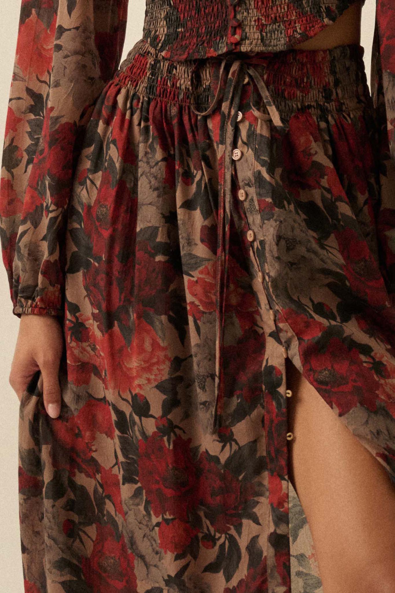 Pretty Potpourri Floral Button-Front Maxi Skirt - ShopPromesa