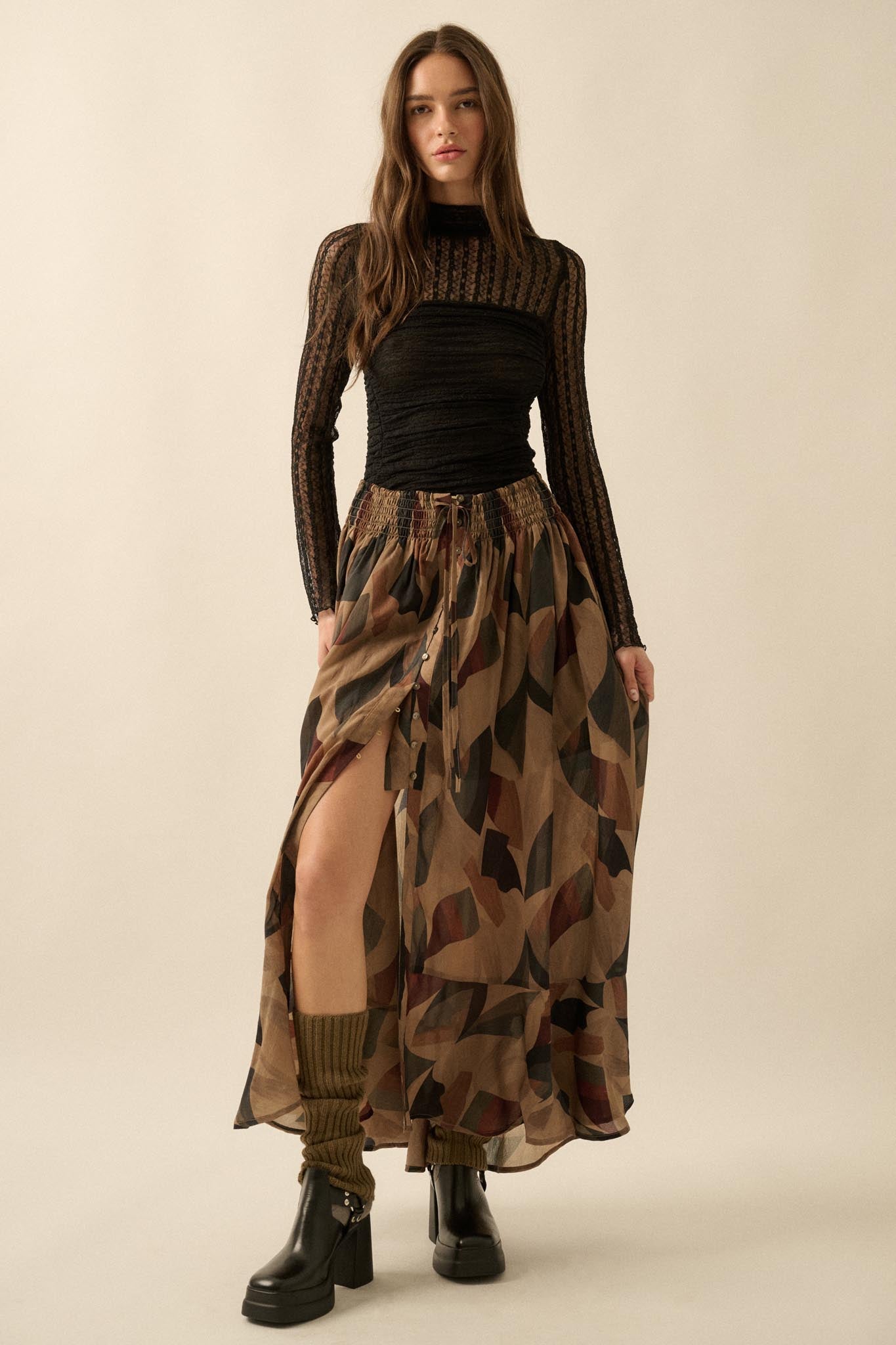 Modern Classic Abstract-Print Buttoned Maxi Skirt - ShopPromesa