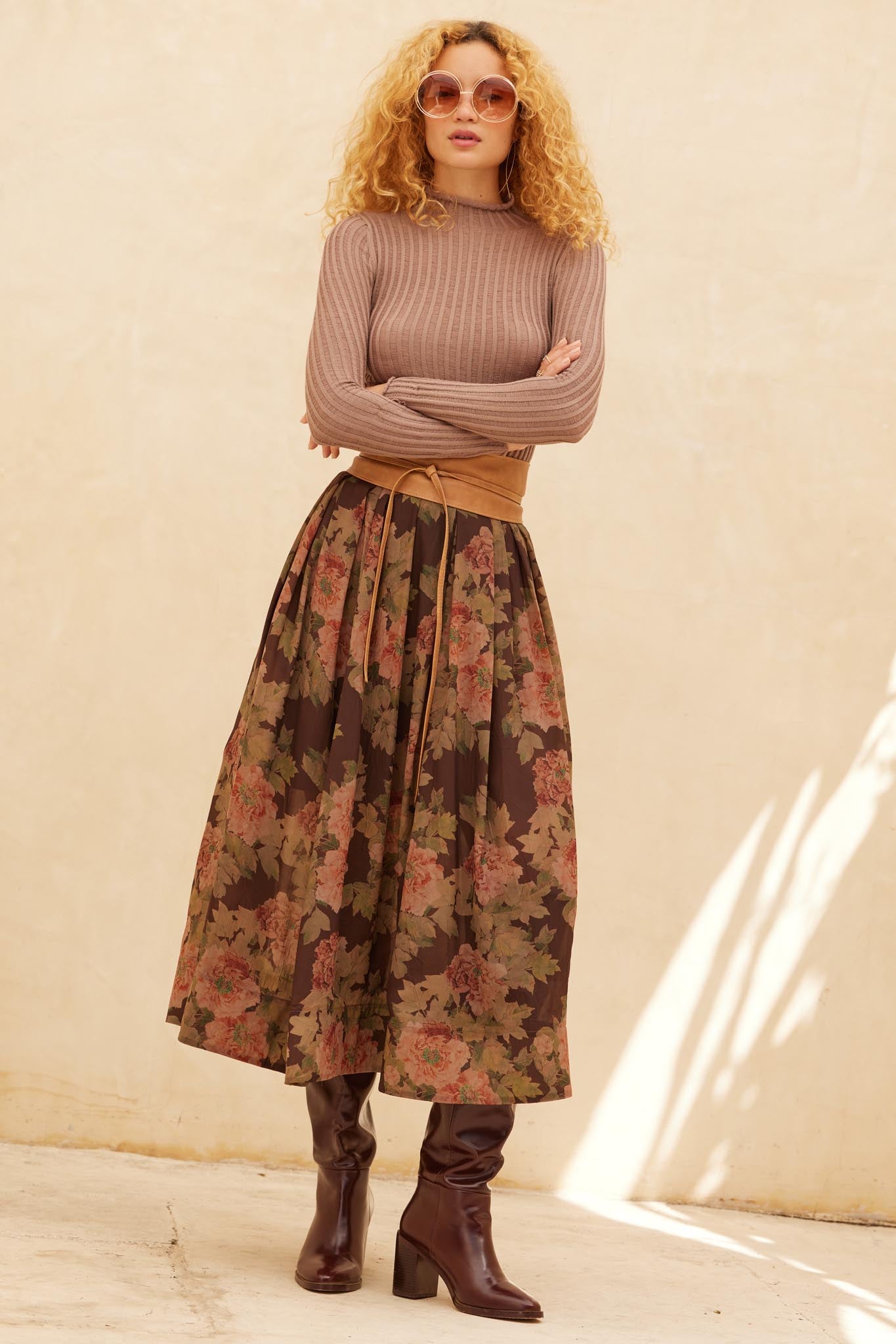 Blooming Tranquility Pleated Floral Midi Skirt