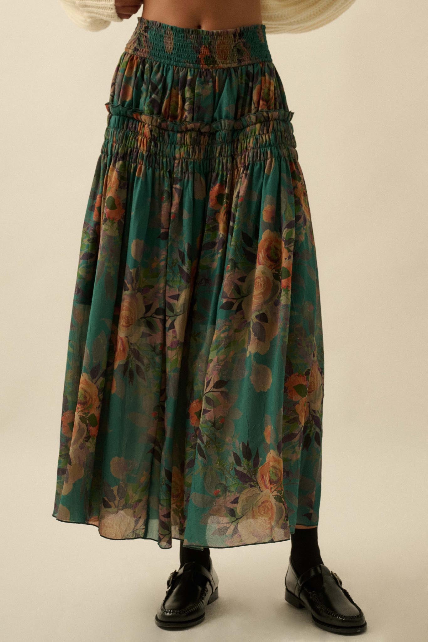 Garden Ramble Smocked Floral Chiffon Maxi Skirt - ShopPromesa