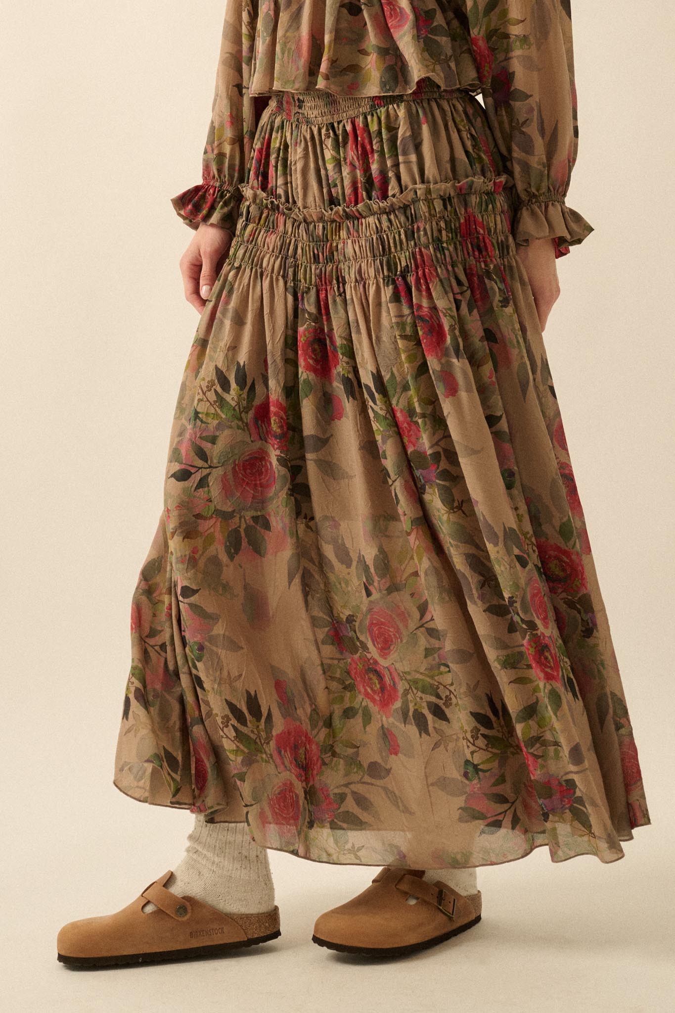Garden Ramble Smocked Floral Chiffon Maxi Skirt - ShopPromesa