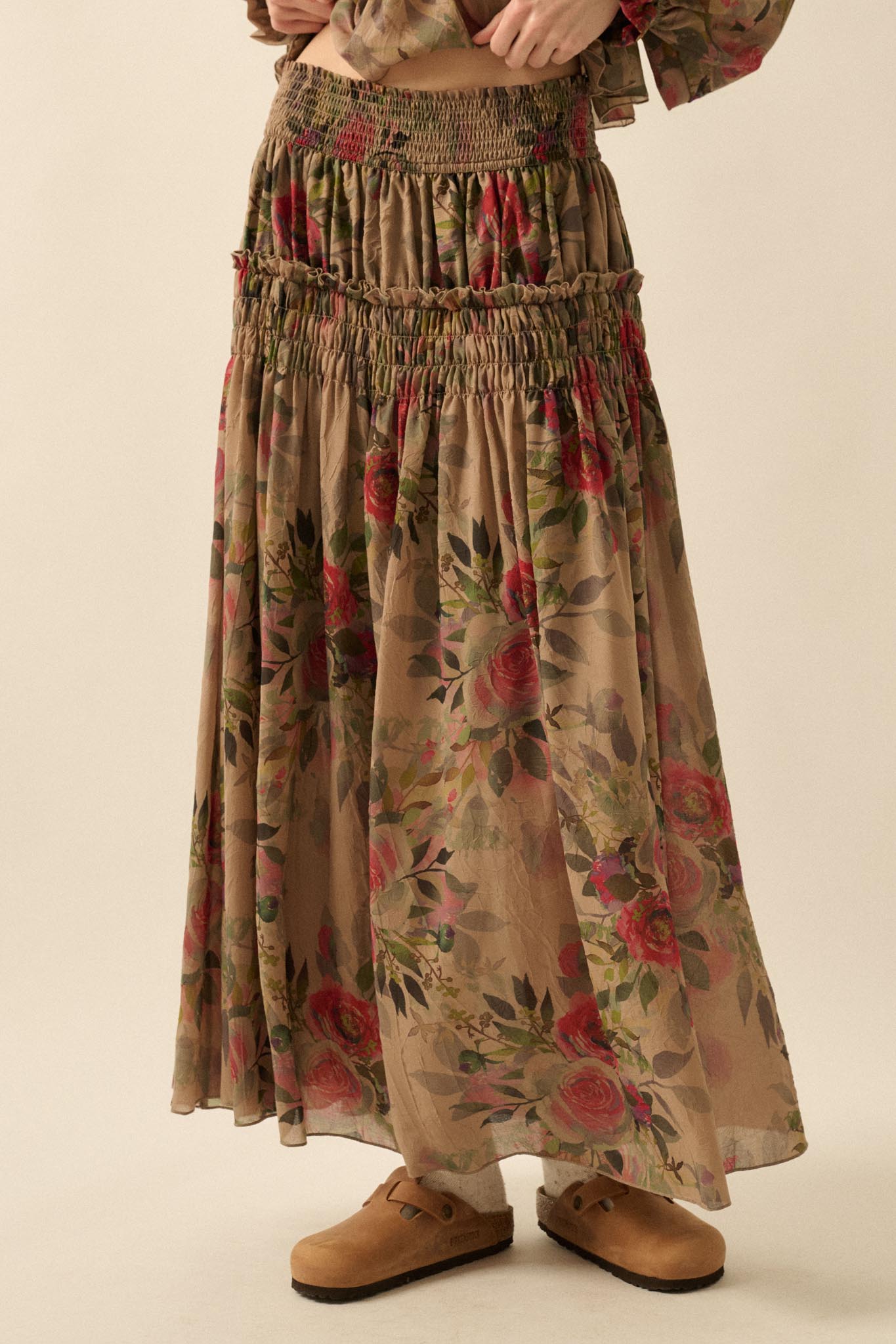 Garden Ramble Smocked Floral Chiffon Maxi Skirt - ShopPromesa