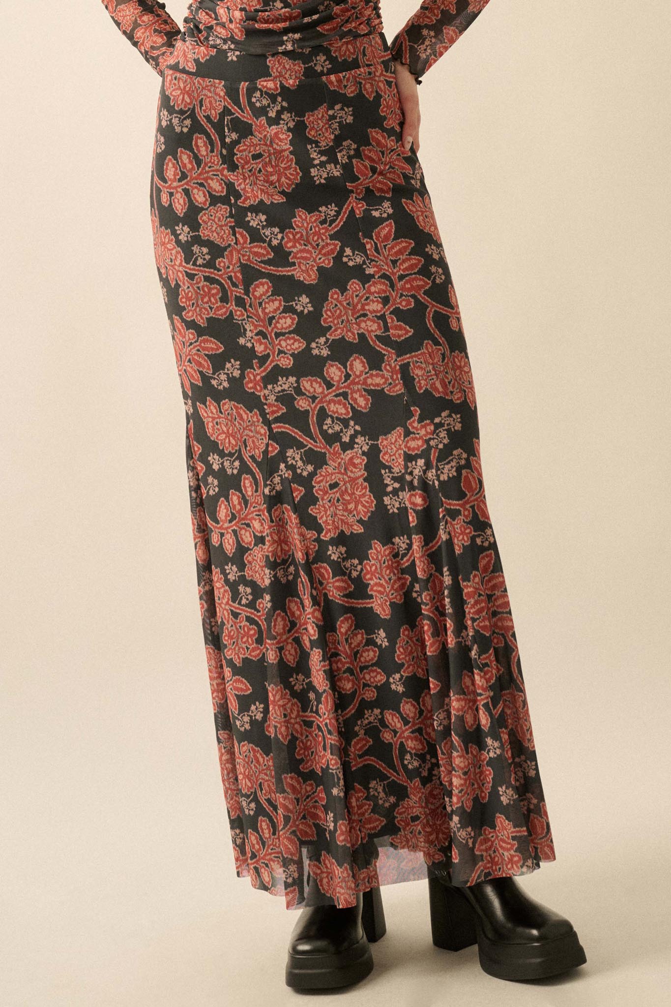 Going for Baroque Floral Mesh Godet Maxi Skirt - ShopPromesa