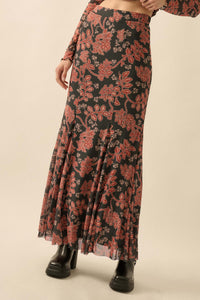 Going for Baroque Floral Mesh Godet Maxi Skirt - ShopPromesa