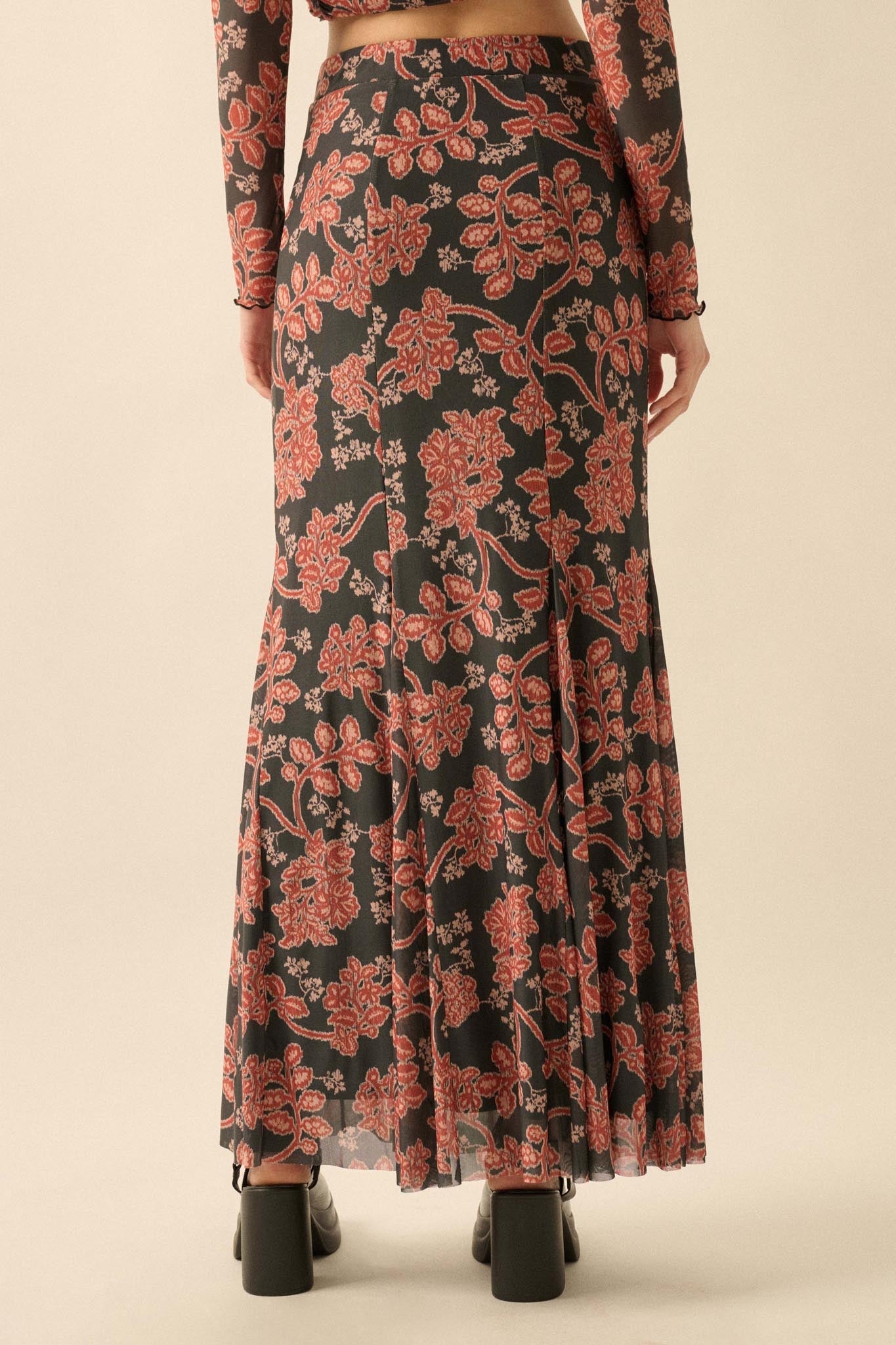 Going for Baroque Floral Mesh Godet Maxi Skirt - ShopPromesa