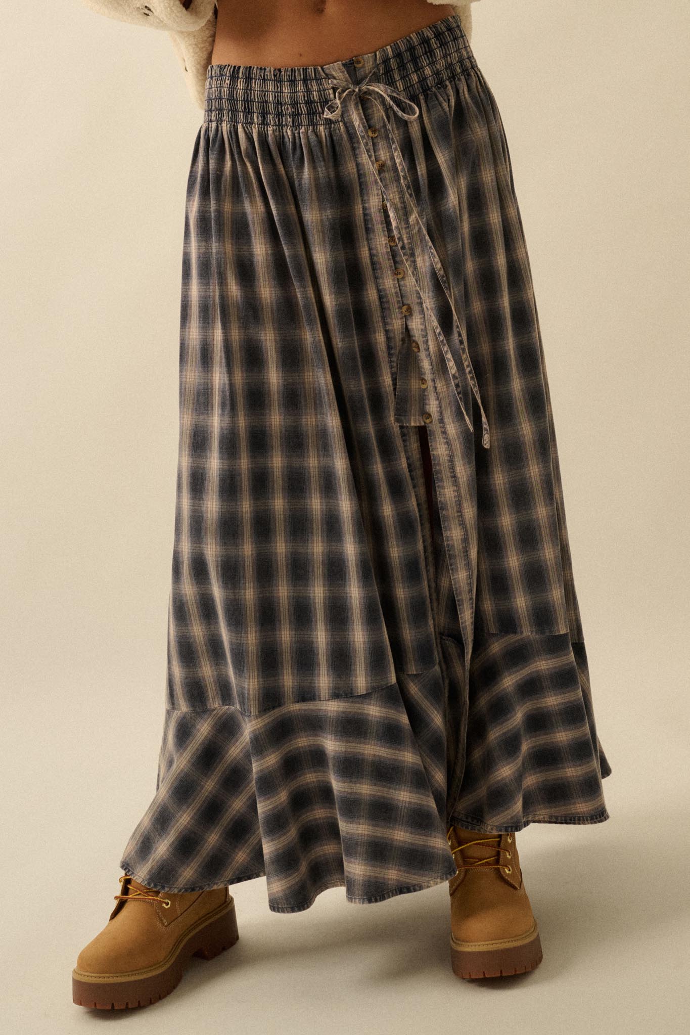 Off the Trail Plaid Flannel Button-Up Maxi Skirt - ShopPromesa