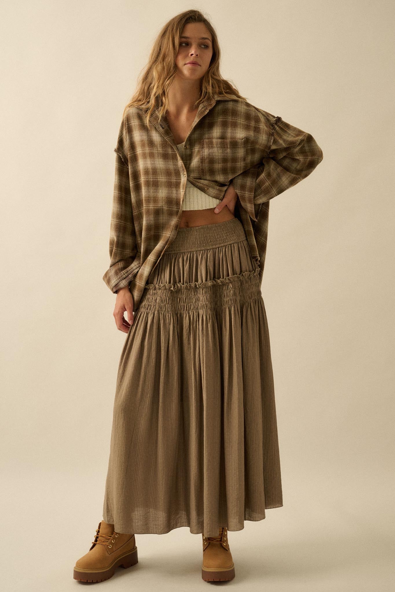Love You More Smocked Tonal-Stripe Maxi skirt - ShopPromesa