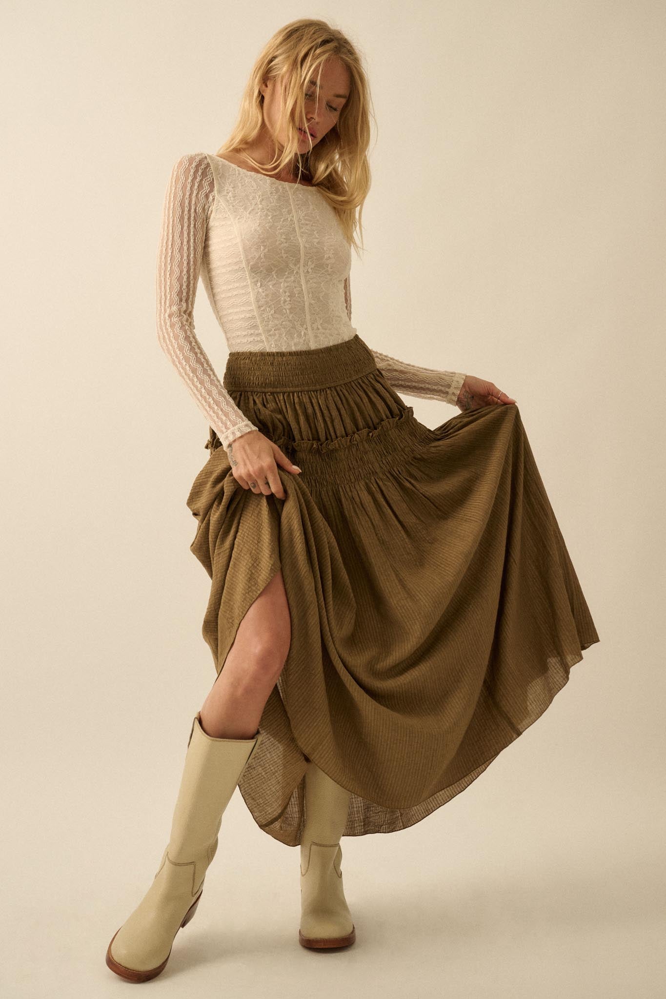 Love You More Smocked Tonal-Stripe Maxi skirt - ShopPromesa