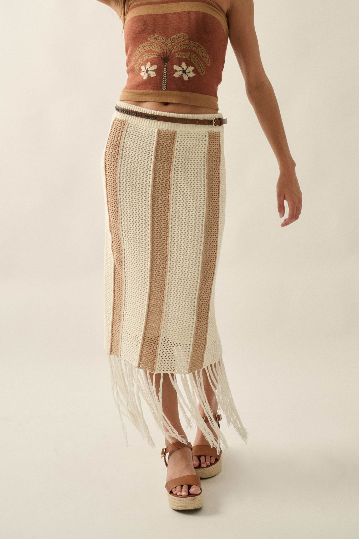 Someday Soon Striped Crochet-Knit Fringe Midi Skirt - ShopPromesa