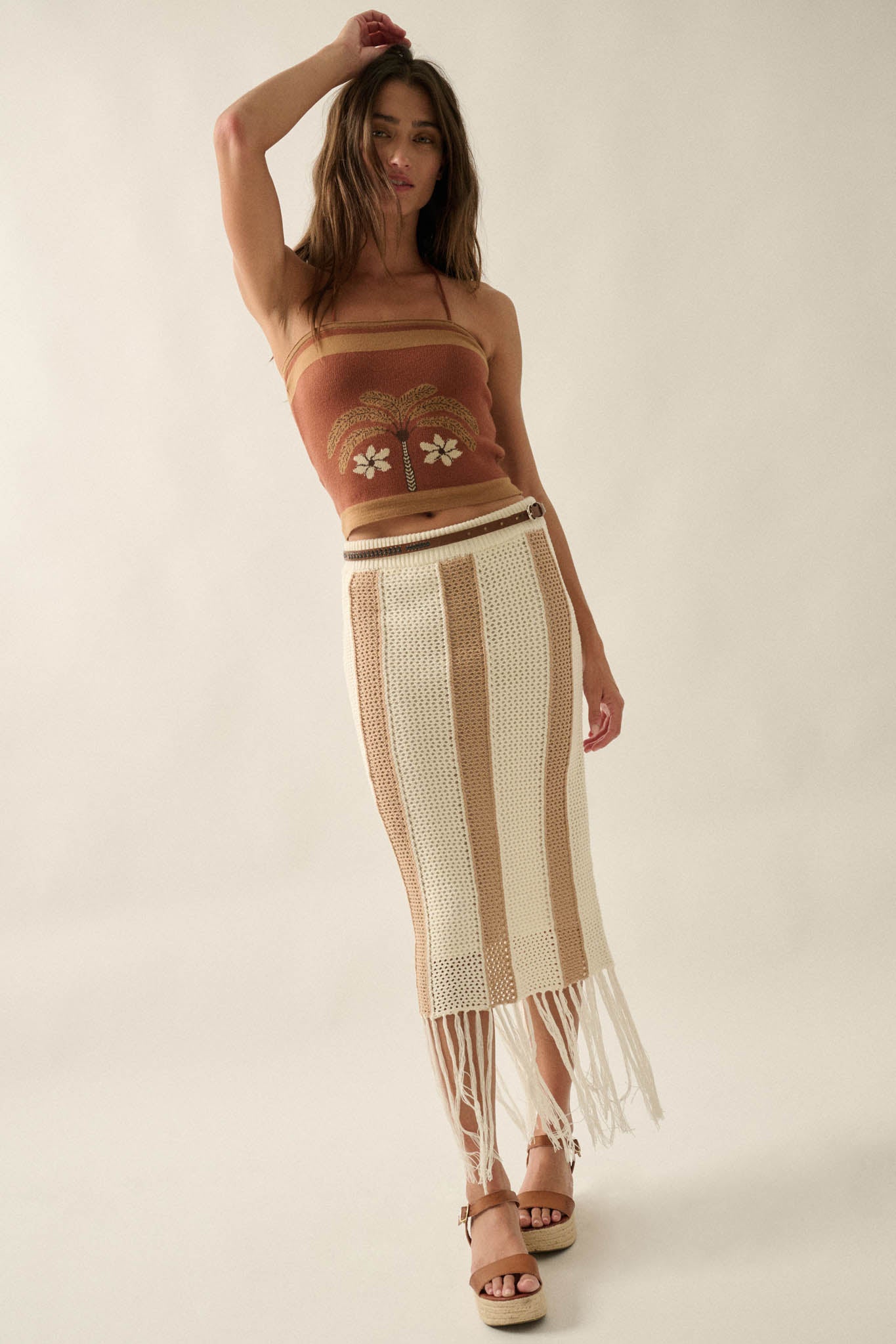Someday Soon Striped Crochet-Knit Fringe Midi Skirt - ShopPromesa