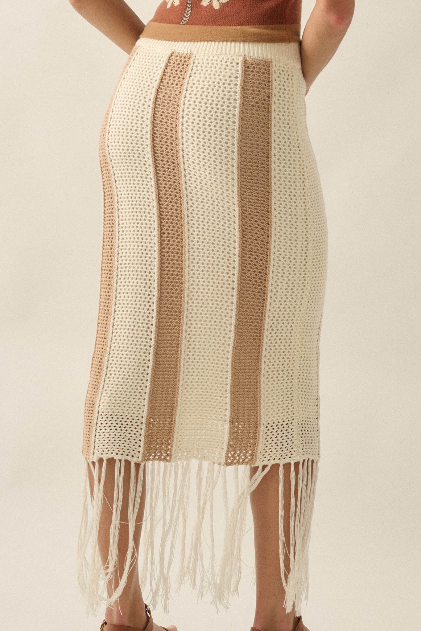 Someday Soon Striped Crochet-Knit Fringe Midi Skirt - ShopPromesa