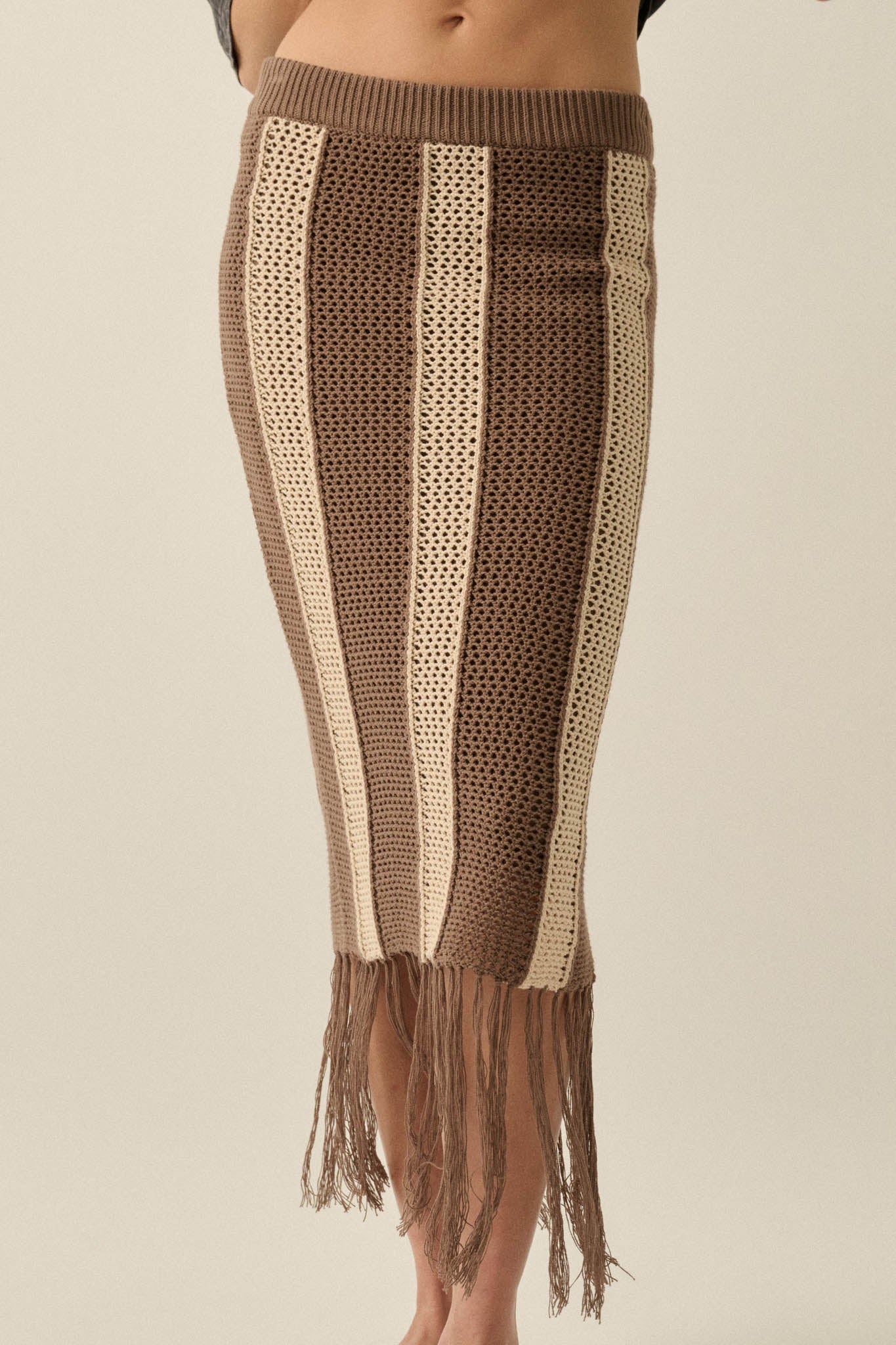 Someday Soon Striped Crochet-Knit Fringe Midi Skirt - ShopPromesa