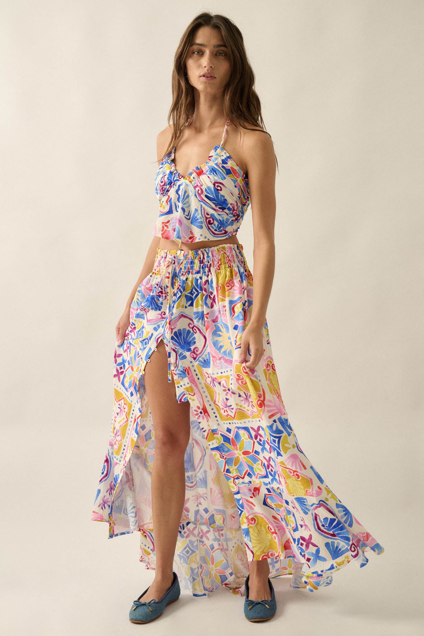Mallorca Music Tile-Print Button-Front Maxi Skirt - ShopPromesa