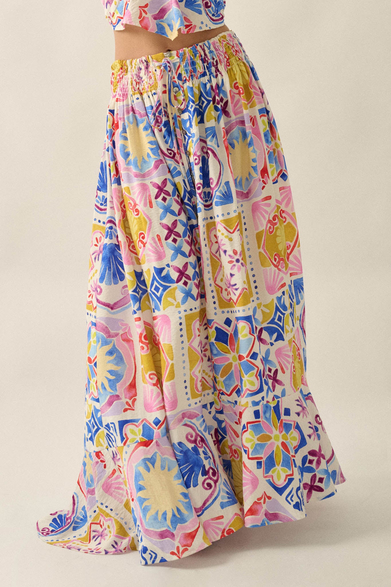 Mallorca Music Tile-Print Button-Front Maxi Skirt - ShopPromesa