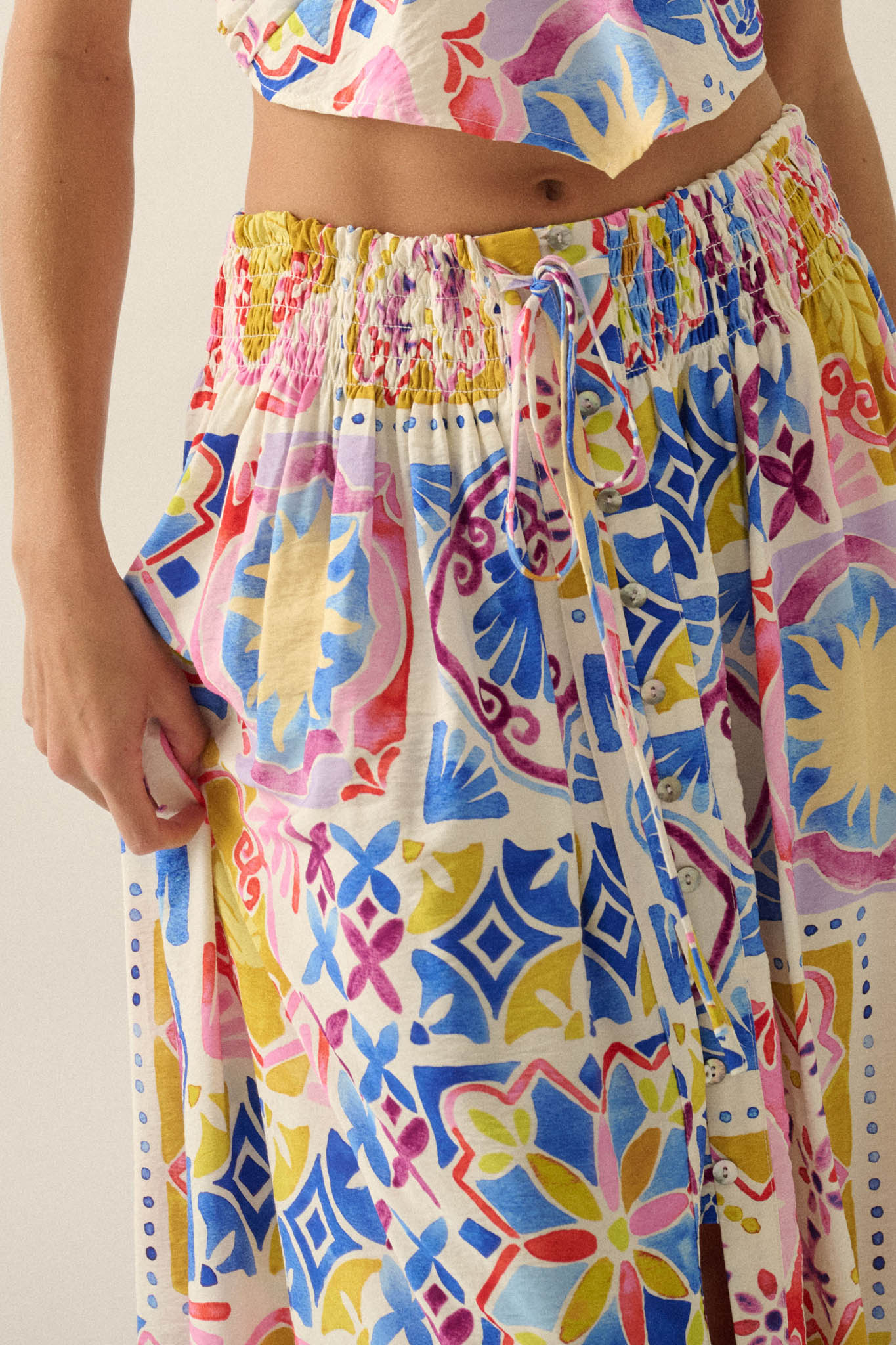 Mallorca Music Tile-Print Button-Front Maxi Skirt - ShopPromesa