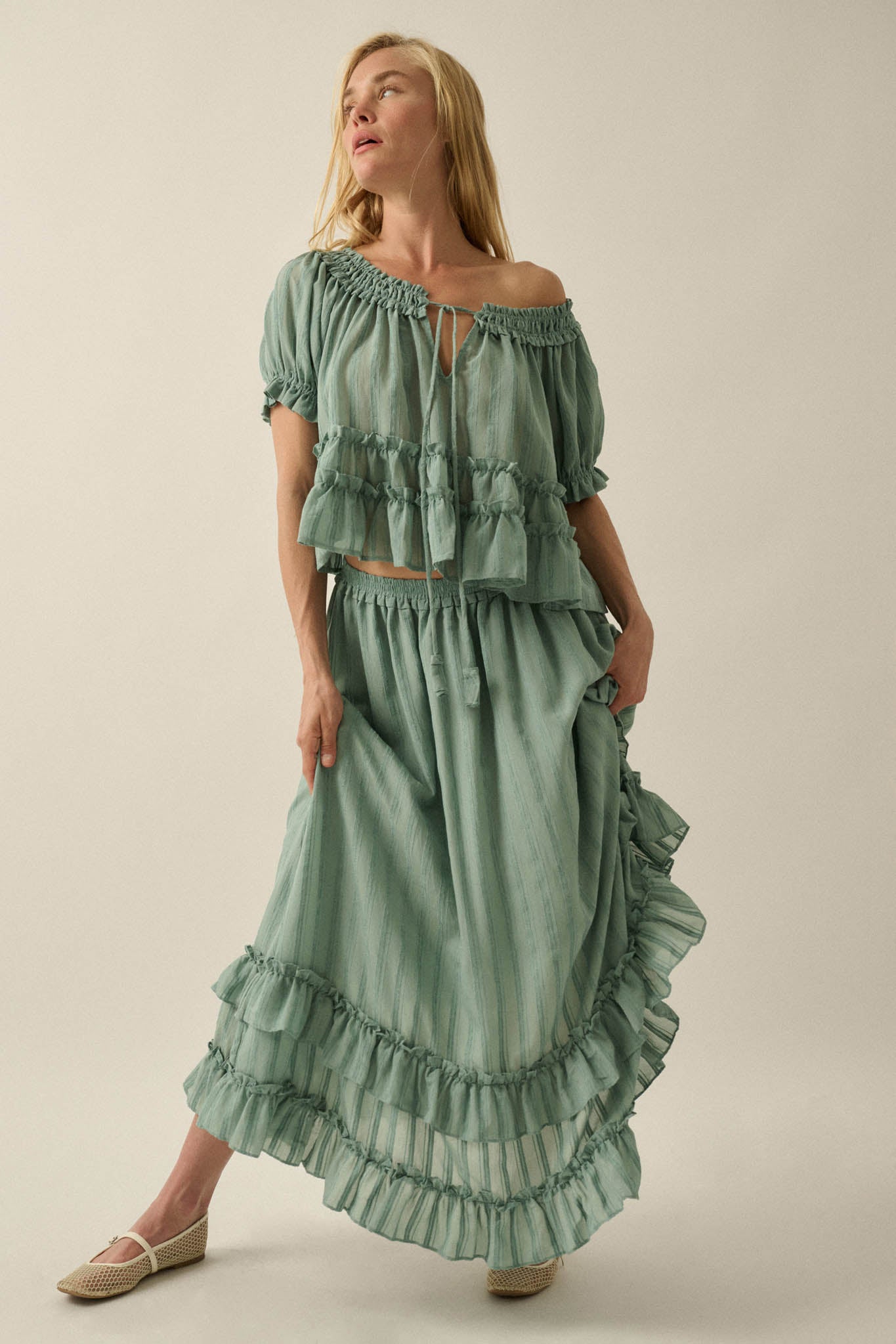 Pretty Precious Tonal-Stripe Ruffle Maxi Skirt - ShopPromesa
