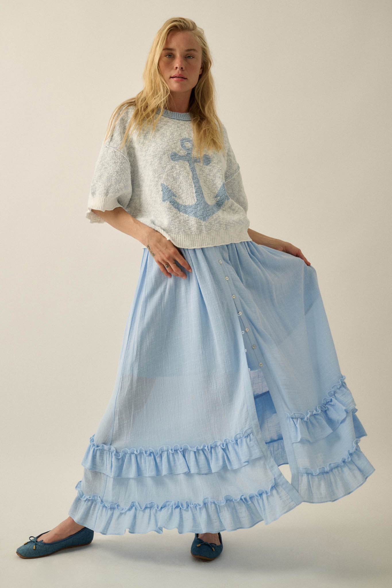 Breezy Day Cotton Gauze Button Ruffle Maxi Skirt - ShopPromesa