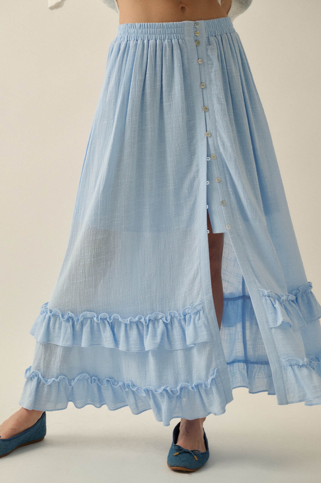 Breezy Day Cotton Gauze Button Ruffle Maxi Skirt - ShopPromesa