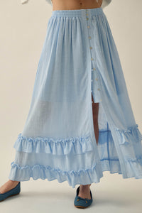 Breezy Day Cotton Gauze Button Ruffle Maxi Skirt - ShopPromesa