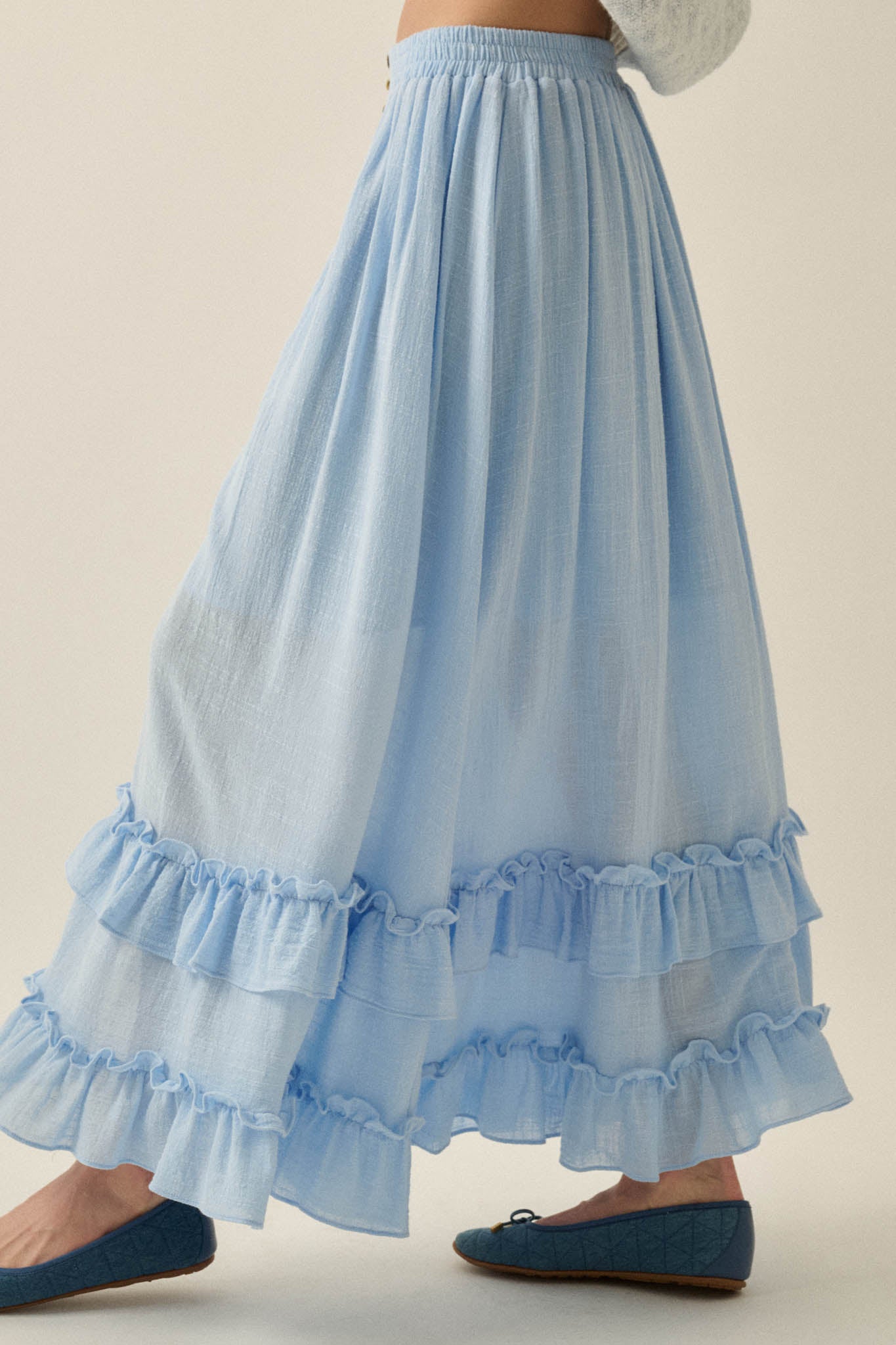 Breezy Day Cotton Gauze Button Ruffle Maxi Skirt - ShopPromesa