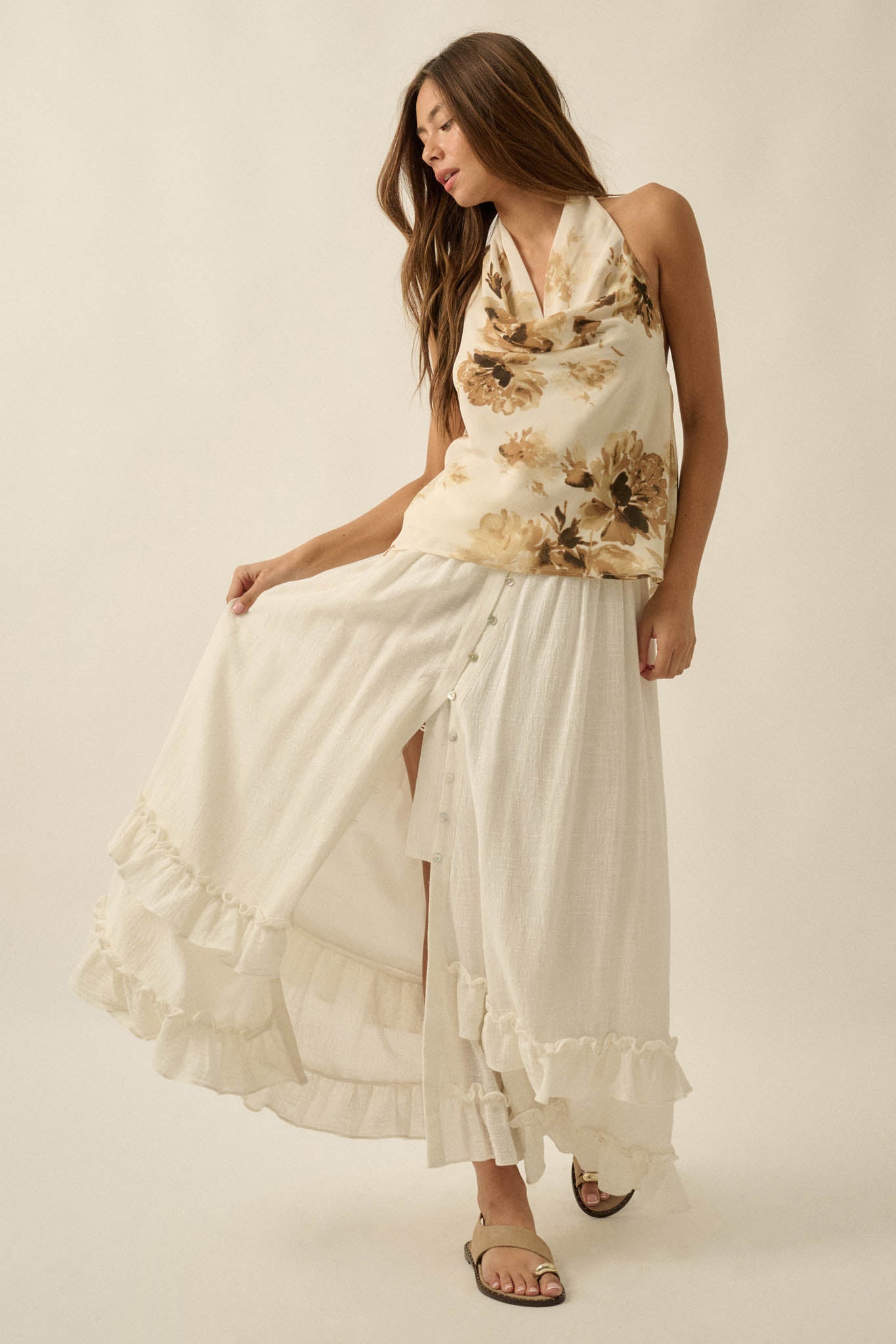 Breezy Day Cotton Gauze Button Ruffle Maxi Skirt - ShopPromesa