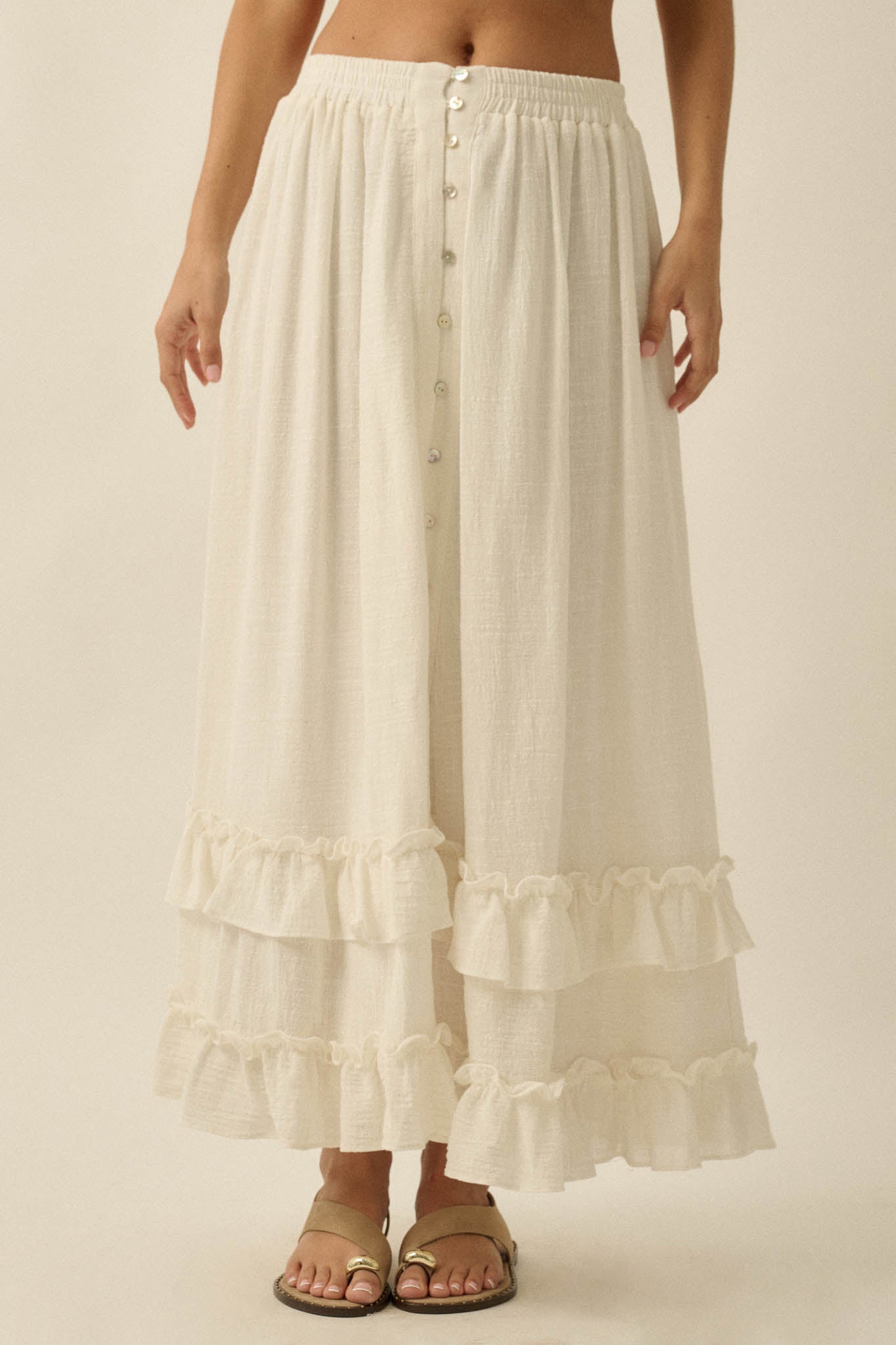 Breezy Day Cotton Gauze Button Ruffle Maxi Skirt - ShopPromesa