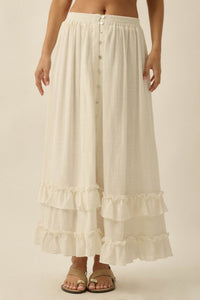 Breezy Day Cotton Gauze Button Ruffle Maxi Skirt - ShopPromesa