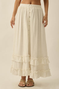 Breezy Day Cotton Gauze Button Ruffle Maxi Skirt - ShopPromesa