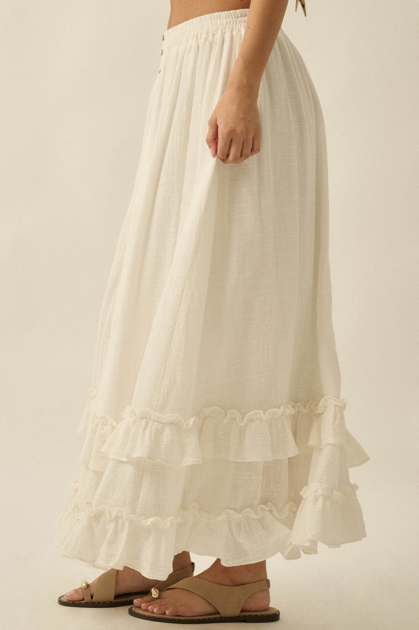 Breezy Day Cotton Gauze Button Ruffle Maxi Skirt - ShopPromesa
