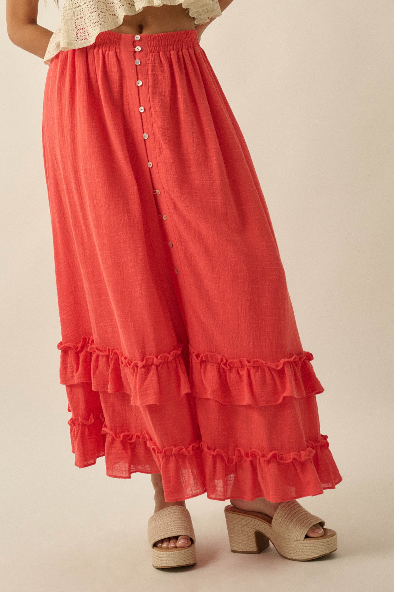 Breezy Day Cotton Gauze Button Ruffle Maxi Skirt - ShopPromesa