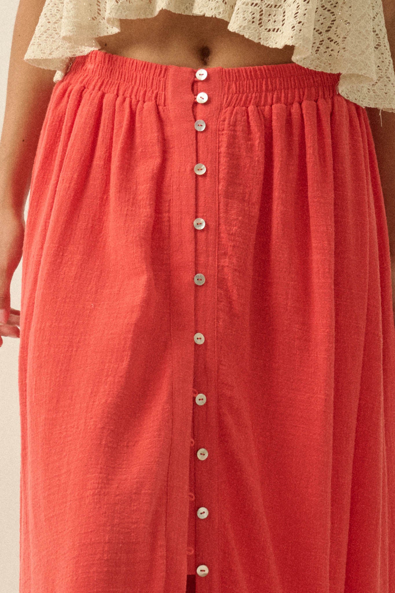 Breezy Day Cotton Gauze Button Ruffle Maxi Skirt - ShopPromesa