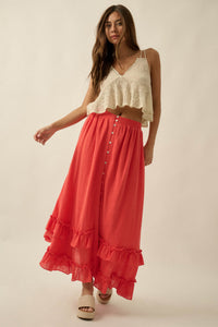 Breezy Day Cotton Gauze Button Ruffle Maxi Skirt - ShopPromesa