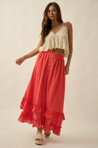 Breezy Day Cotton Gauze Button Ruffle Maxi Skirt - ShopPromesa