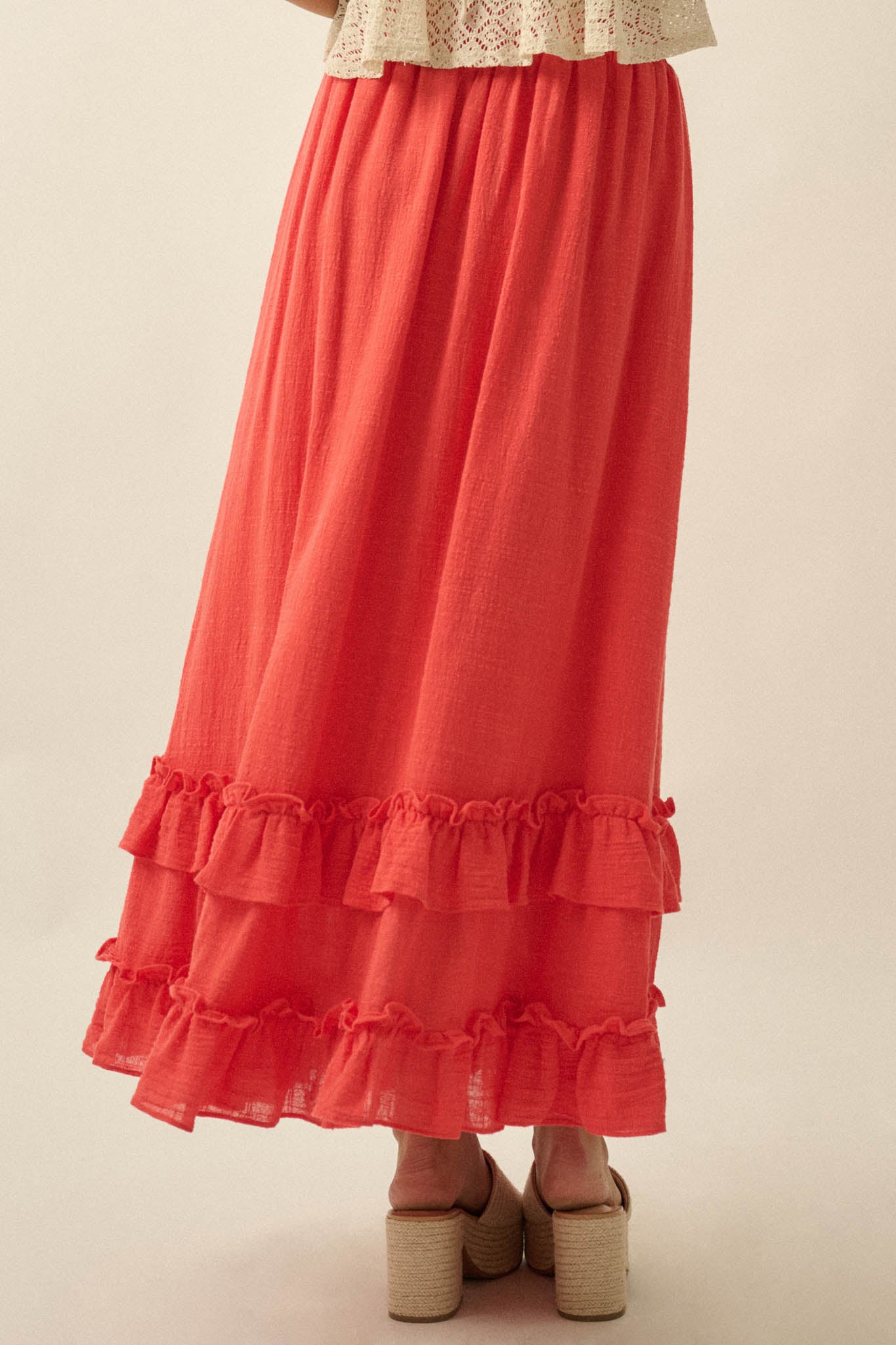 Breezy Day Cotton Gauze Button Ruffle Maxi Skirt - ShopPromesa