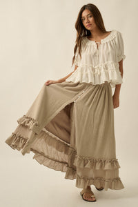 Breezy Day Cotton Gauze Button Ruffle Maxi Skirt - ShopPromesa