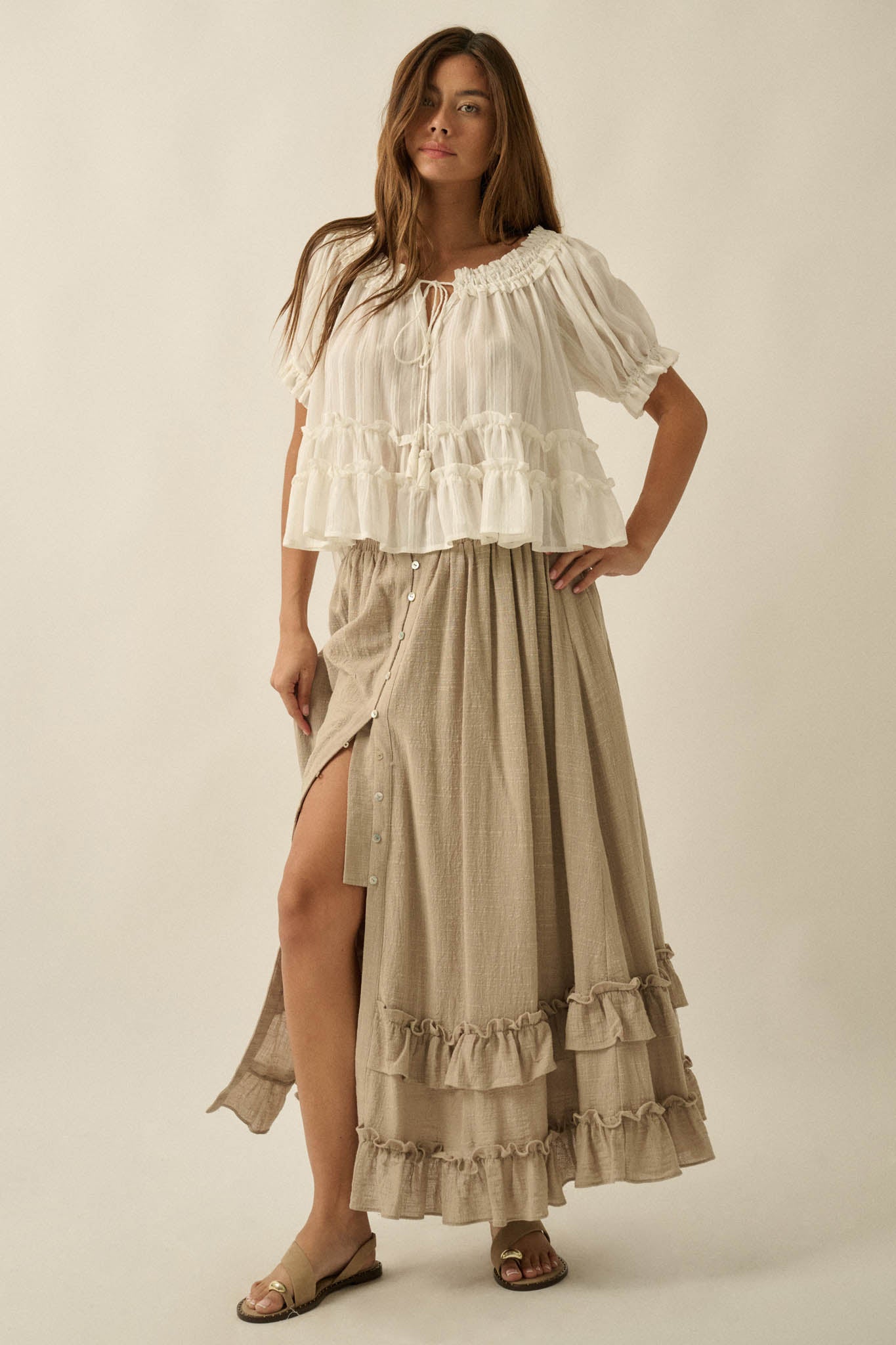 Breezy Day Cotton Gauze Button Ruffle Maxi Skirt - ShopPromesa
