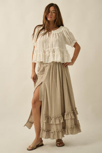 Breezy Day Cotton Gauze Button Ruffle Maxi Skirt - ShopPromesa