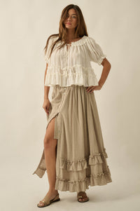 Breezy Day Cotton Gauze Button Ruffle Maxi Skirt - ShopPromesa