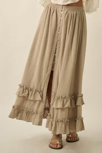 Breezy Day Cotton Gauze Button Ruffle Maxi Skirt - ShopPromesa
