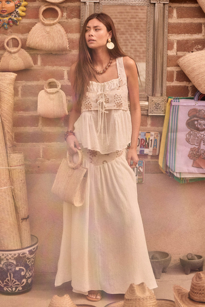 Meadow Song Floral-Embroidered Drop-Waist Maxi Skirt - ShopPromesa