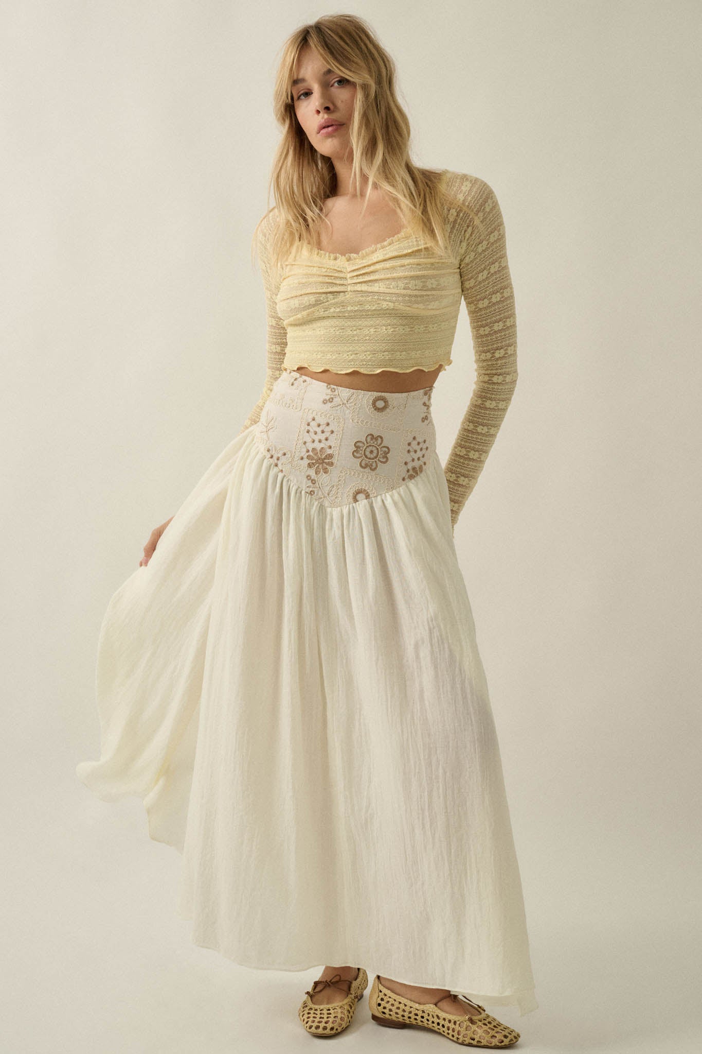 Meadow Song Floral-Embroidered Drop-Waist Maxi Skirt - ShopPromesa