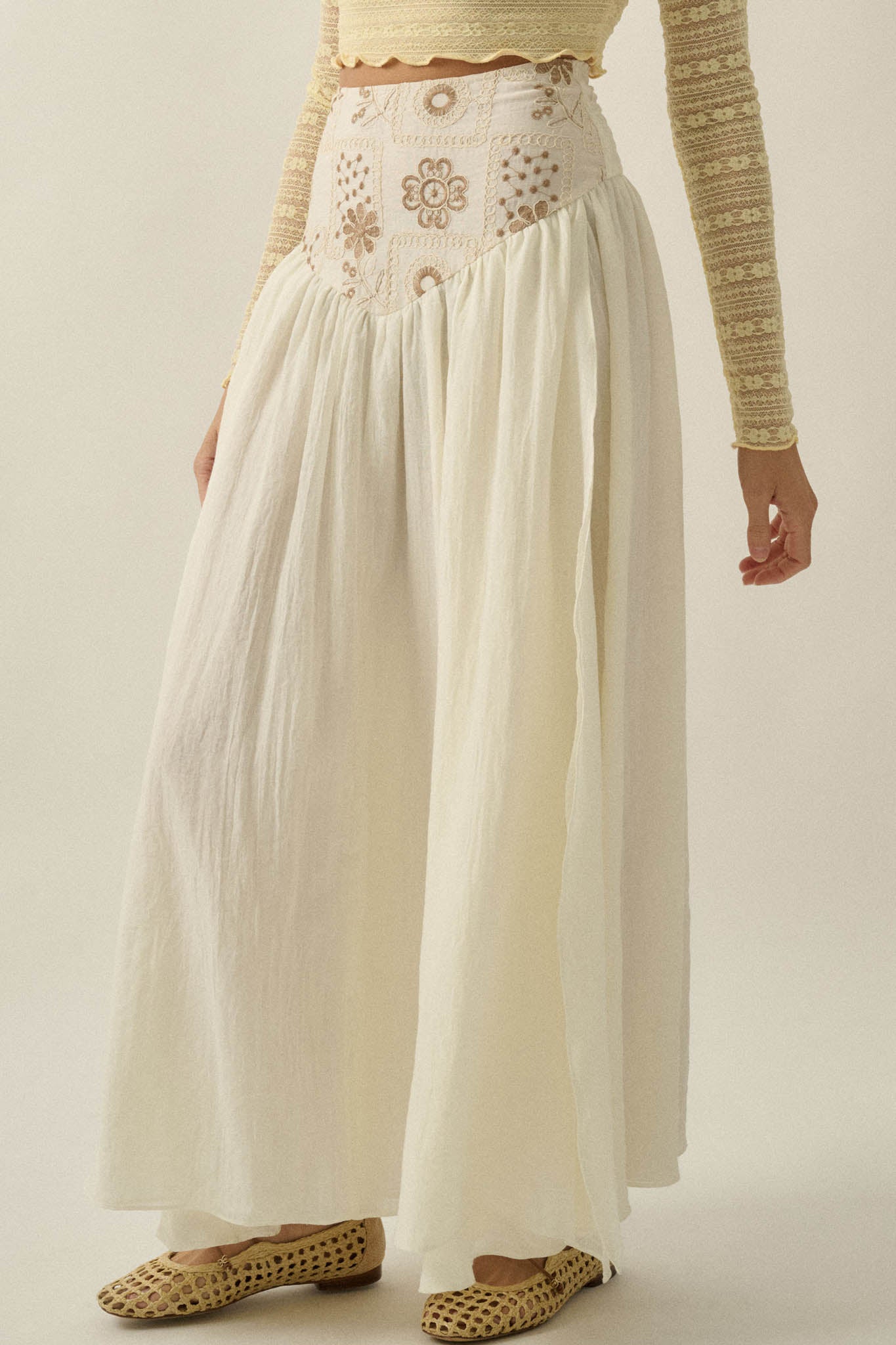 Meadow Song Floral-Embroidered Drop-Waist Maxi Skirt - ShopPromesa