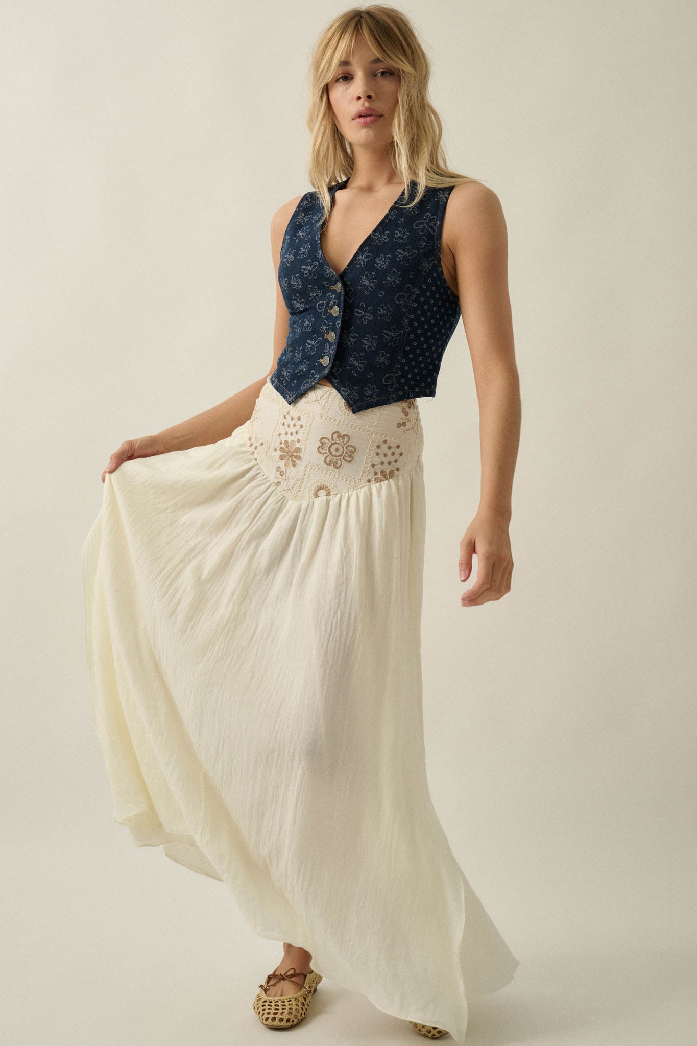 Meadow Song Floral-Embroidered Drop-Waist Maxi Skirt - ShopPromesa