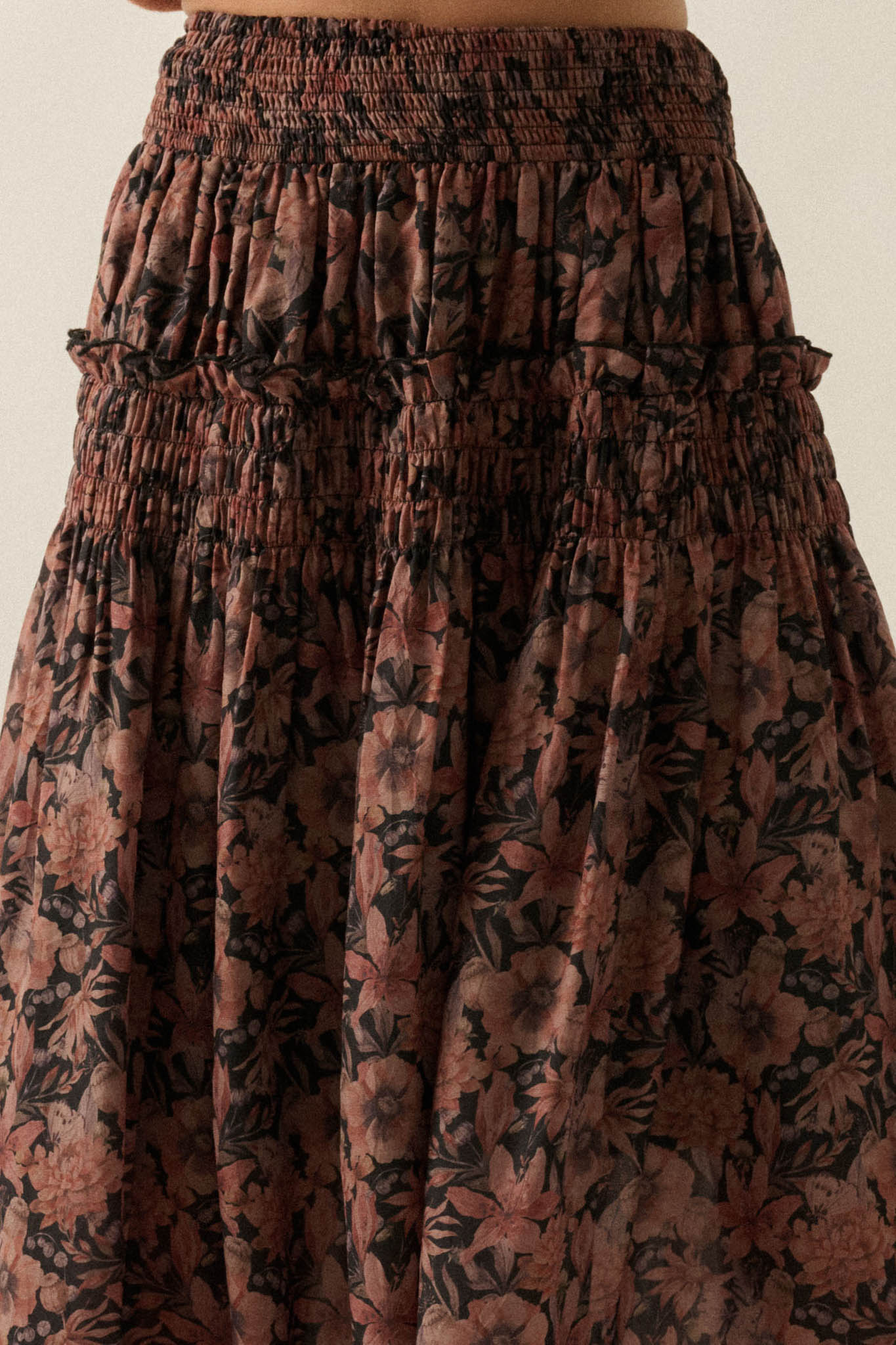 Scented Breeze Floral Chiffon Smocked Maxi Skirt - ShopPromesa