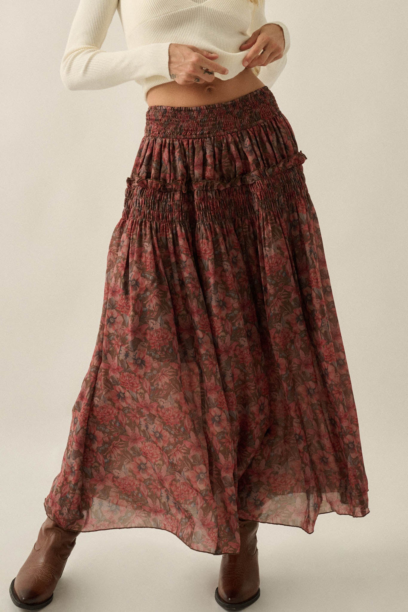Scented Breeze Floral Chiffon Smocked Maxi Skirt - ShopPromesa