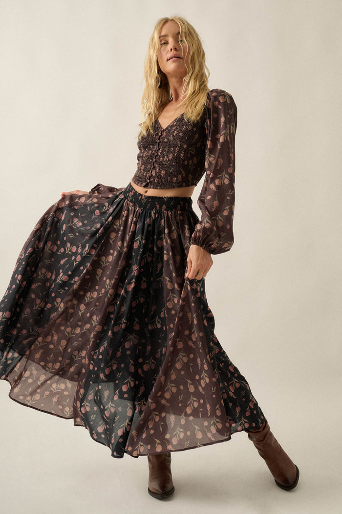 Late Bloomer Floral Two-Tone Paneled Maxi Skirt - ShopPromesa