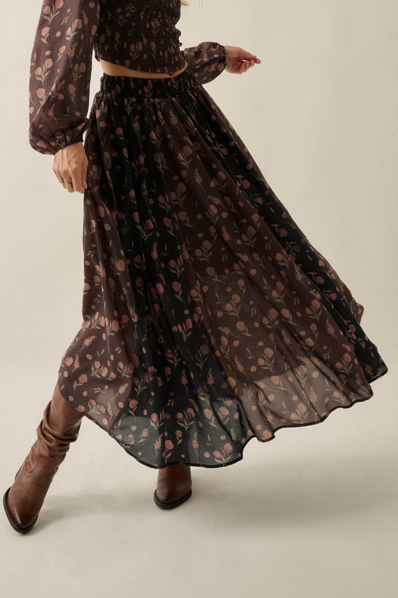 Late Bloomer Floral Two-Tone Paneled Maxi Skirt - ShopPromesa
